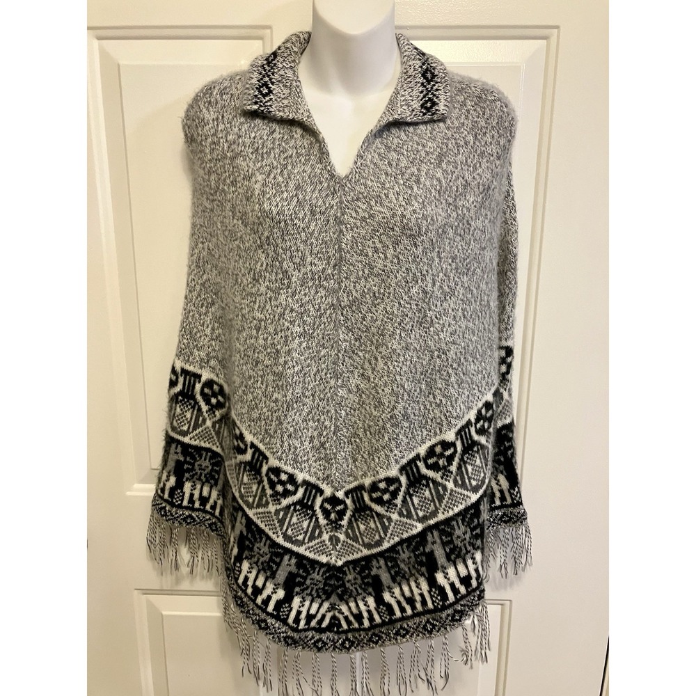 Alpaca Wool Peru Poncho Cape Scarf Black Gray Small/ Medium Women’s‎ Sweater